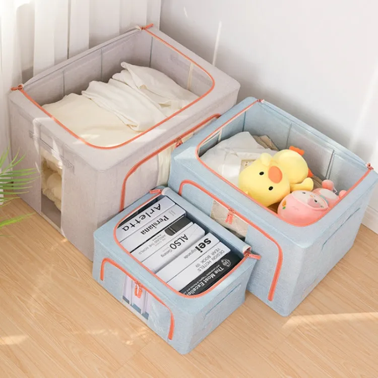 100L 60x42x40cm Fabric Steel Frame Quilt Clothing Storage Box Cotton Linen Storage Bag with Window(Grey)