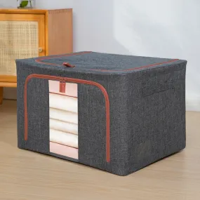 100L 60x42x40cm Fabric Steel Frame Quilt Clothing Storage Box Cotton Linen Storage Bag with Window(Grey)