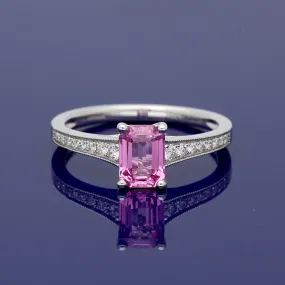 18ct White Gold Pink Sapphire Ring with Diamond Set Shoulders