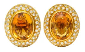 1960's Vintage Citrine 2.50 CTW Pave Diamond 18 Karat Gold Oval Earrings