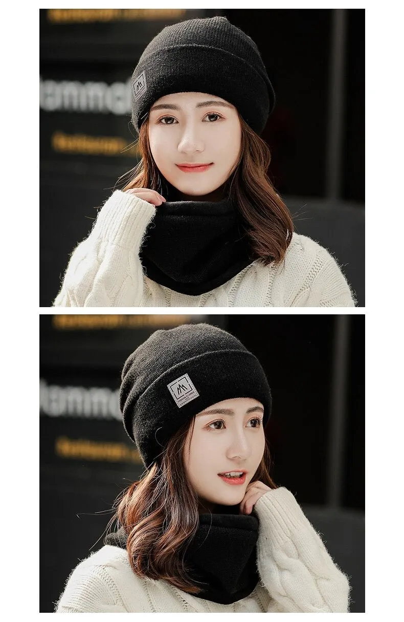 Add Fur Lined Set Fashion Beanie Outdoor Knitted Woolen Warm Winter Cap