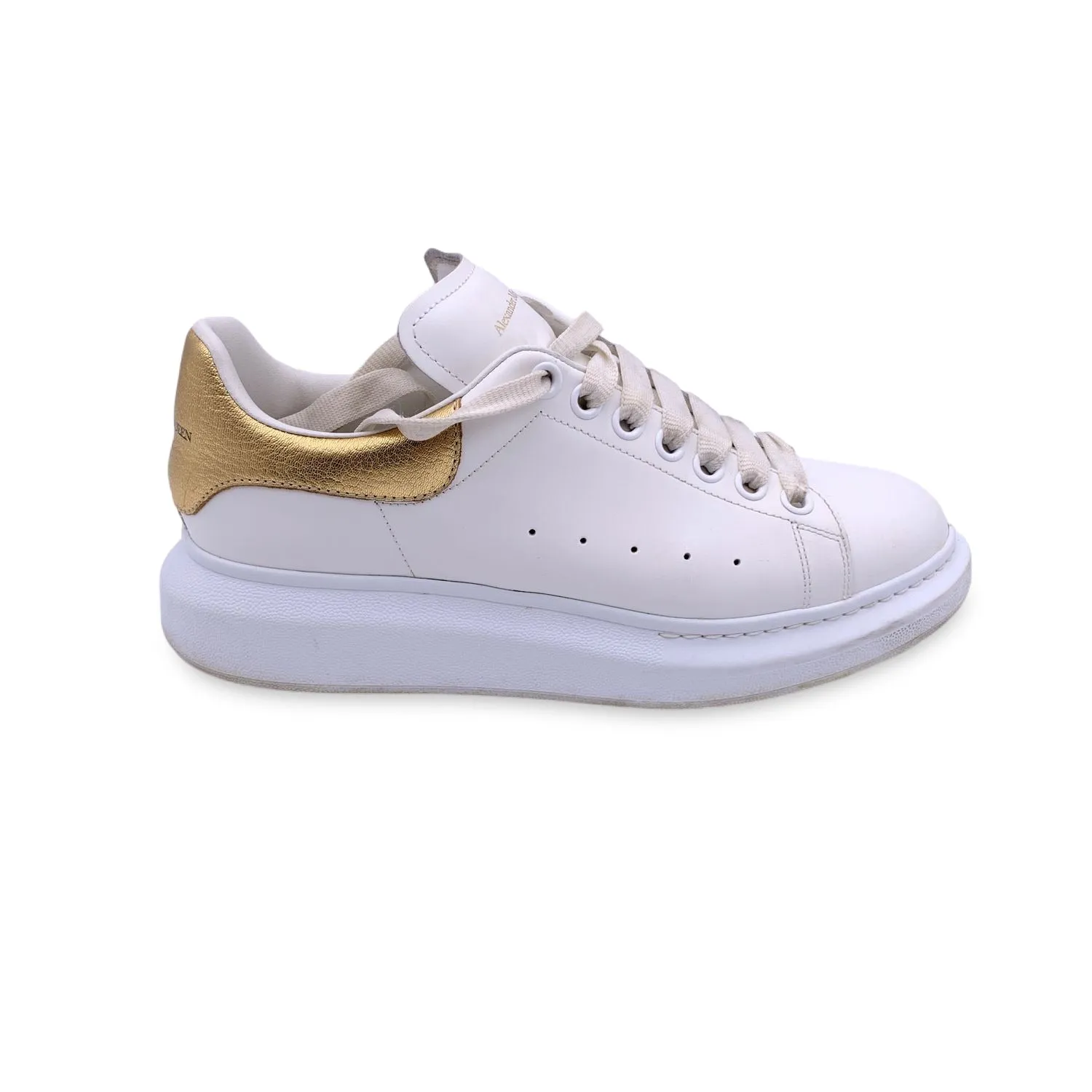 Alexander McQueen White and Gold Lace Up Sneakers Shoes Size 40