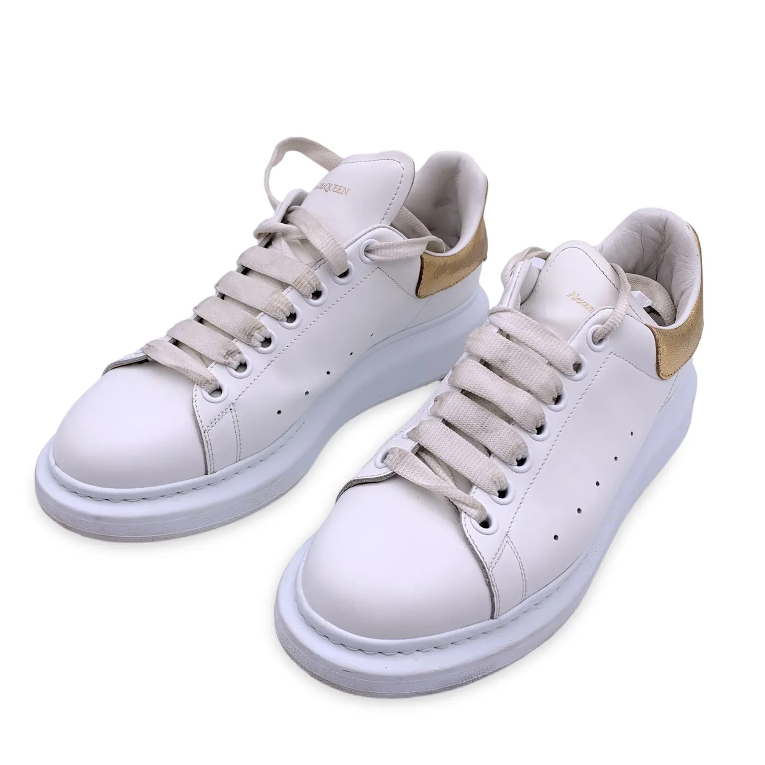 Alexander McQueen White and Gold Lace Up Sneakers Shoes Size 40