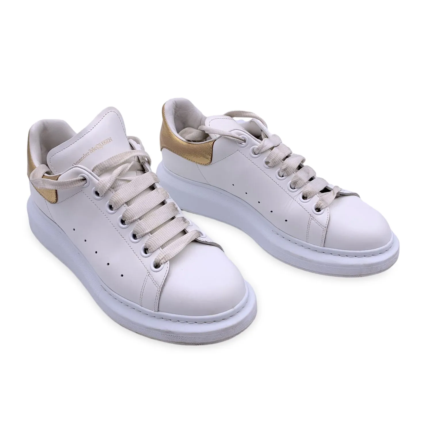 Alexander McQueen White and Gold Lace Up Sneakers Shoes Size 40