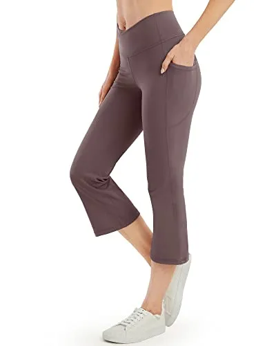 Amy Fashion - Cross High Waisted Bootcut Capris for Women Flare Yoga Pants