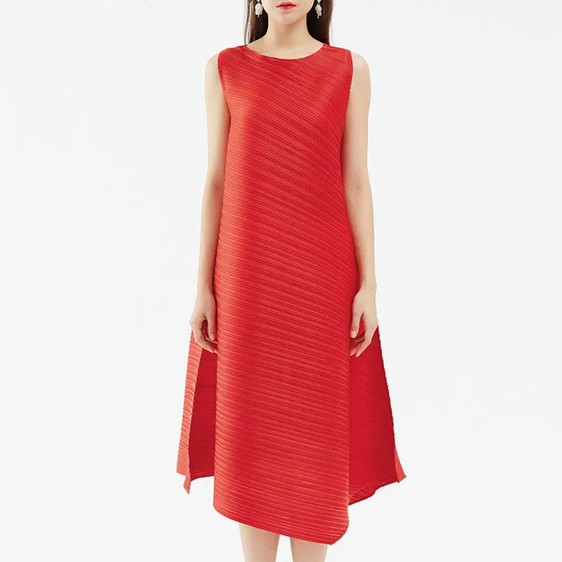 Artistic Round Neck A Line Sleeveless Asymmetrical Pleated Midi Dress