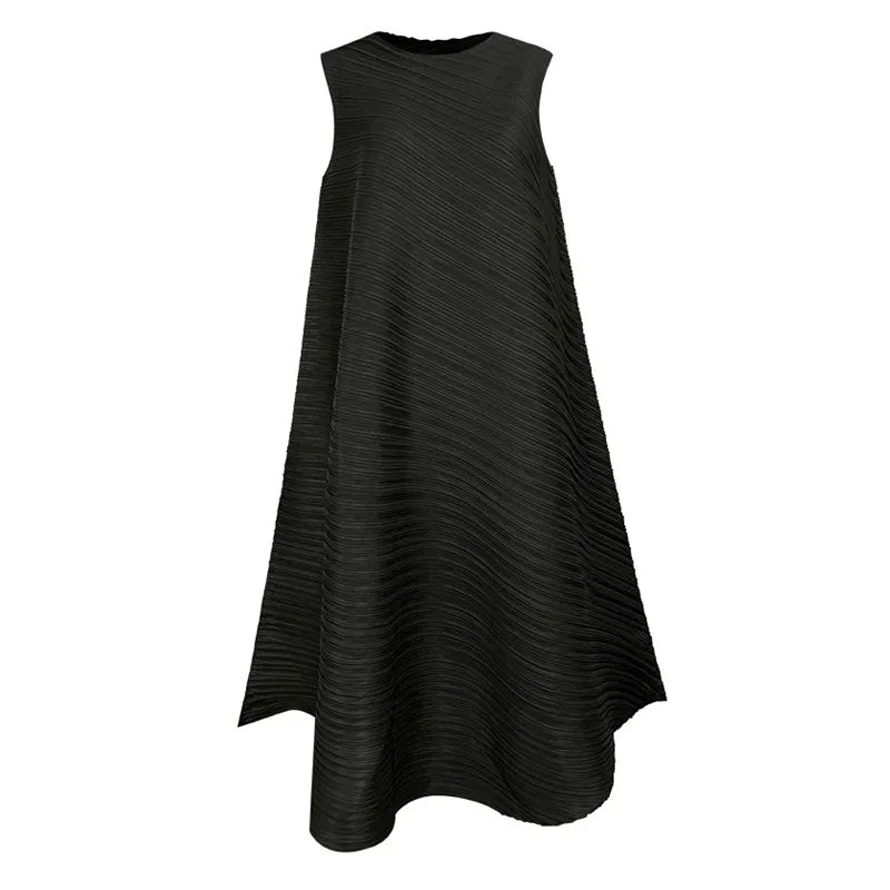 Artistic Round Neck A Line Sleeveless Asymmetrical Pleated Midi Dress