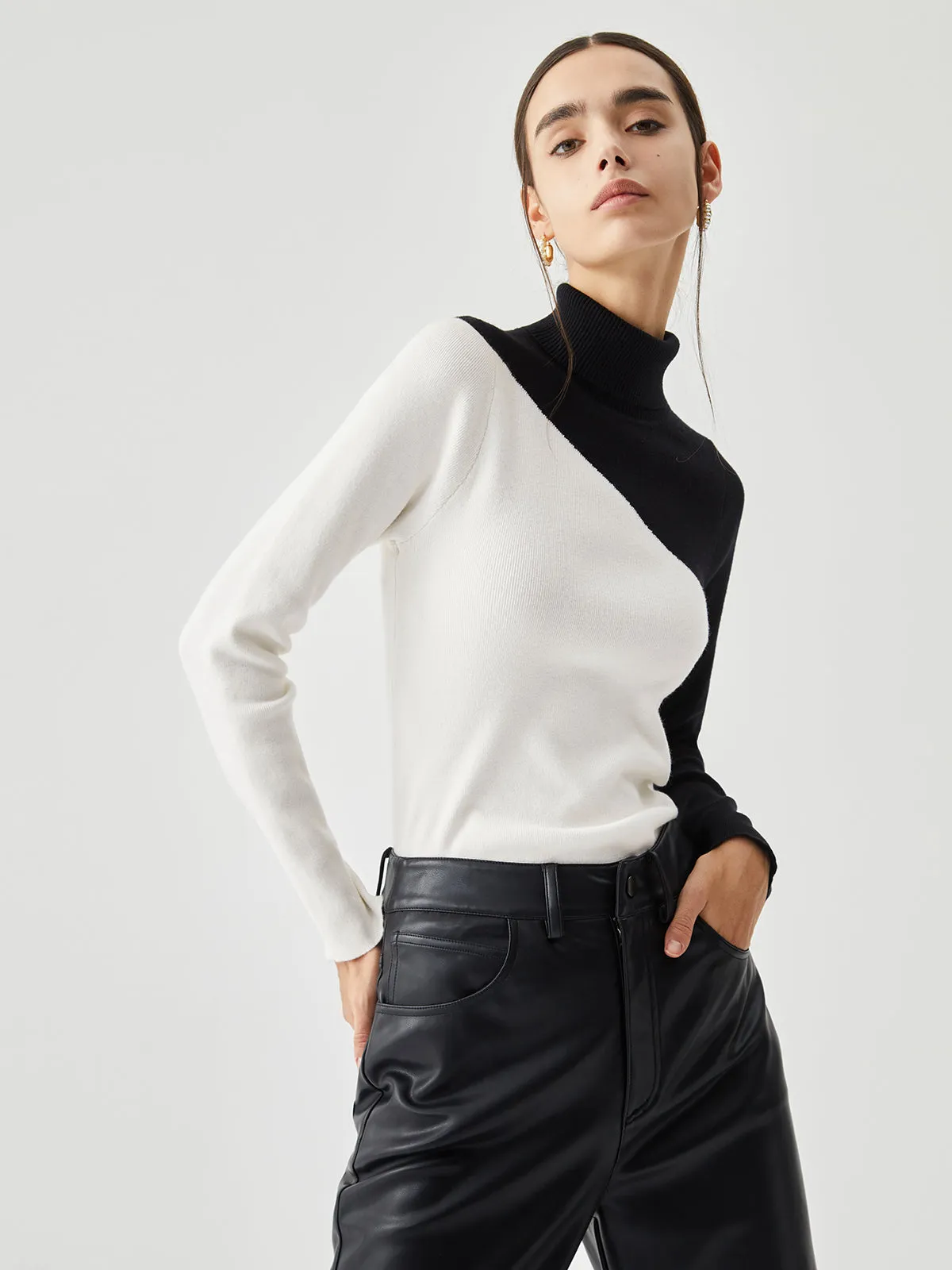 Asymmetric Patchwork Long Sleeve Modern Mock Neck Knit Top