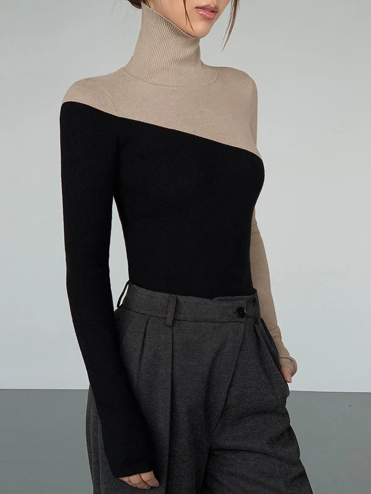 Asymmetric Patchwork Long Sleeve Modern Mock Neck Knit Top