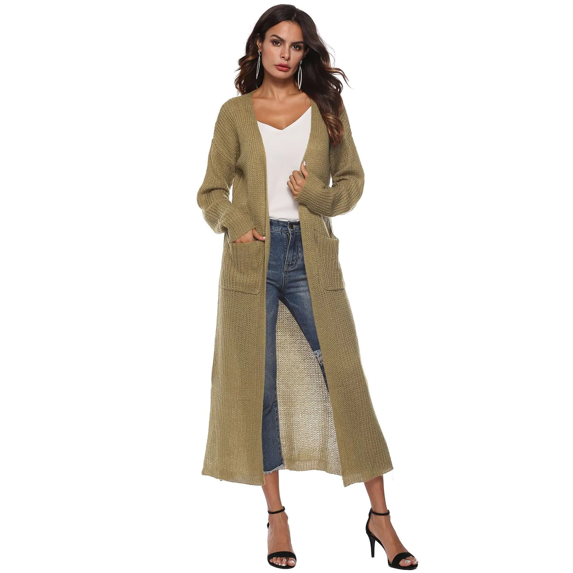 Autumn and Winter Women's Long Sleeve Open Front Solid Color Cardigan Dress