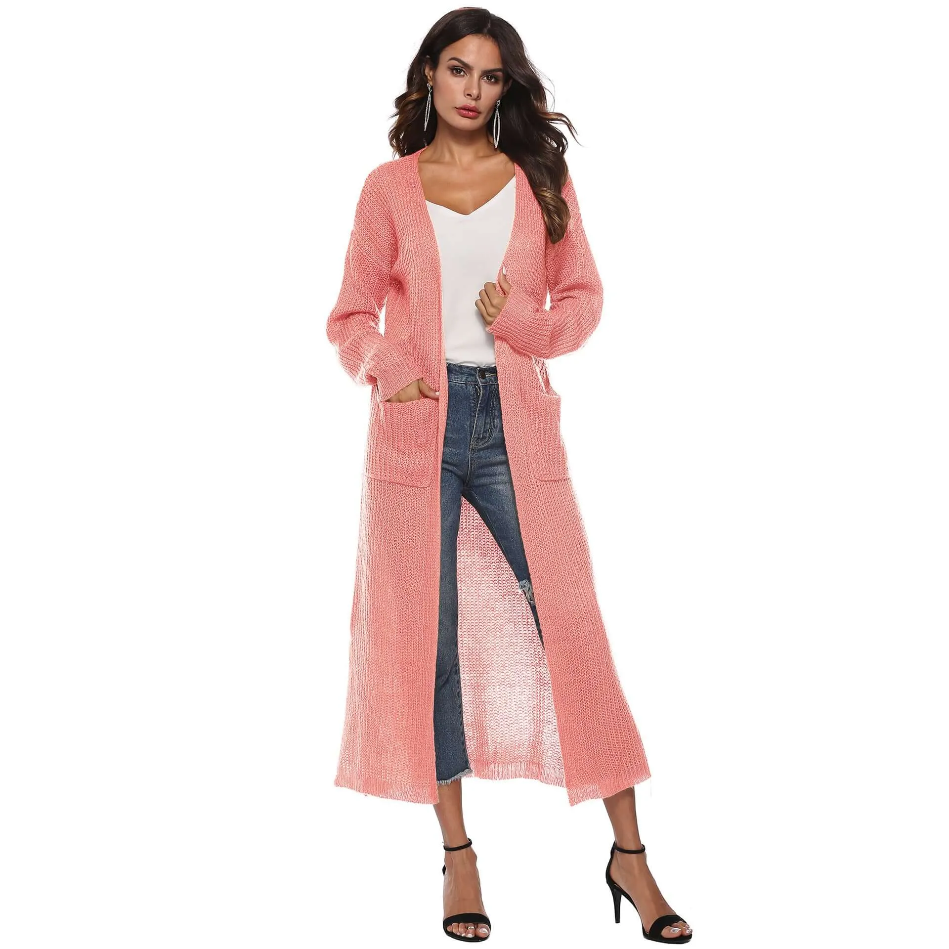 Autumn and Winter Women's Long Sleeve Open Front Solid Color Cardigan Dress