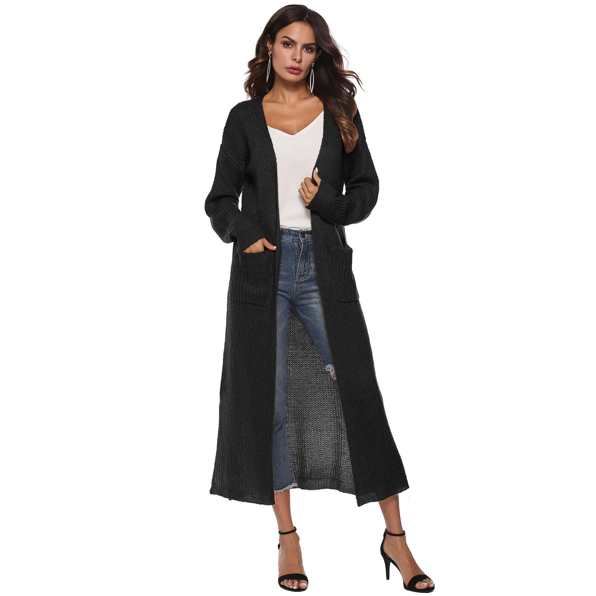 Autumn and Winter Women's Long Sleeve Open Front Solid Color Cardigan Dress