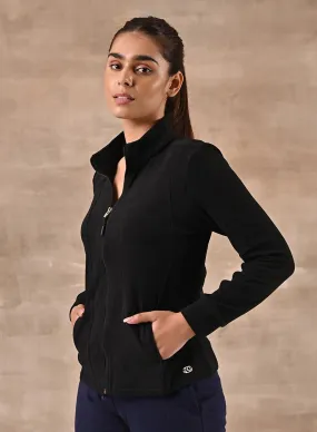 Black Woolen High Neck Jacket with Zig Zag Stitch Detail