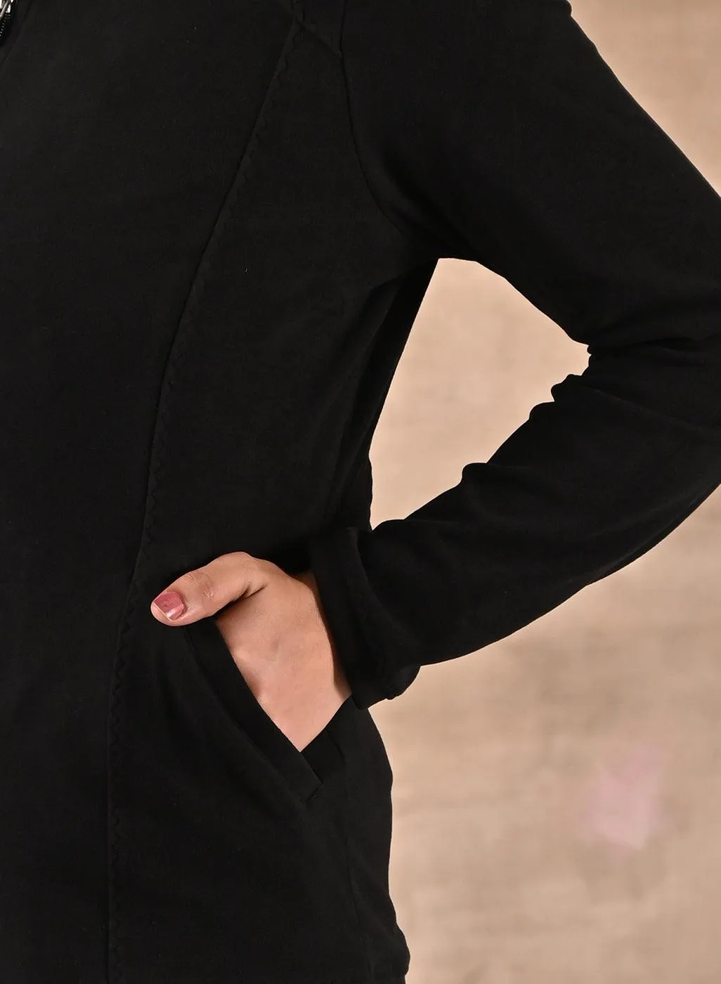 Black Woolen High Neck Jacket with Zip Front