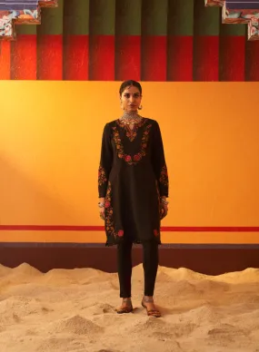 Black Woolen Kurta for Women with Thread Work and Lace Detailing