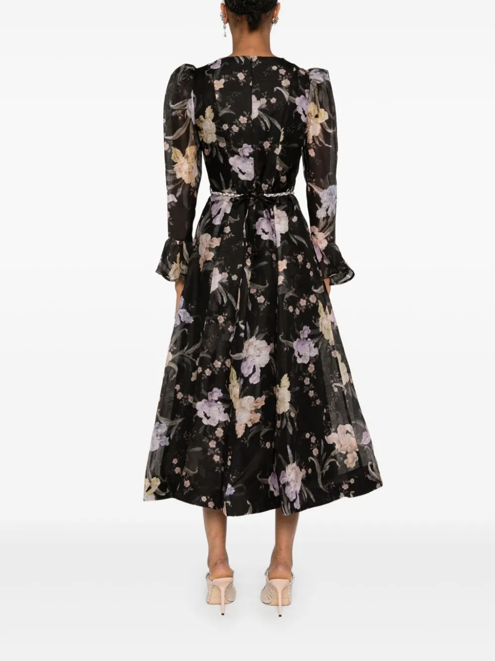 BLACK/MULTICOLOUR LINEN BLEND TEXTURED FINISH ALL-OVER FLORAL PRINT DRESS