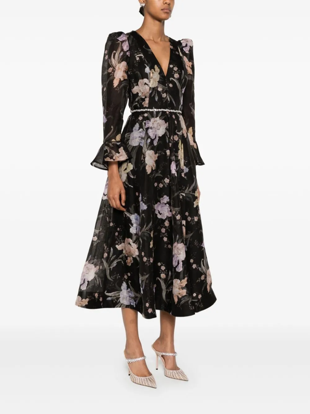 BLACK/MULTICOLOUR LINEN BLEND TEXTURED FINISH ALL-OVER FLORAL PRINT DRESS