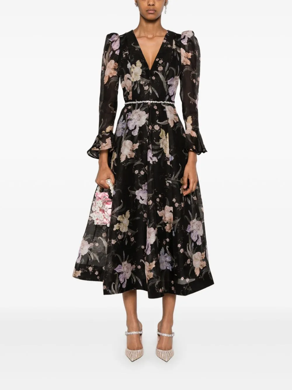 BLACK/MULTICOLOUR LINEN BLEND TEXTURED FINISH ALL-OVER FLORAL PRINT DRESS