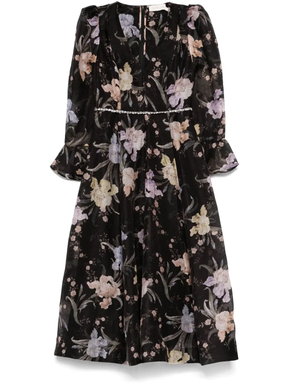 BLACK/MULTICOLOUR LINEN BLEND TEXTURED FINISH ALL-OVER FLORAL PRINT DRESS