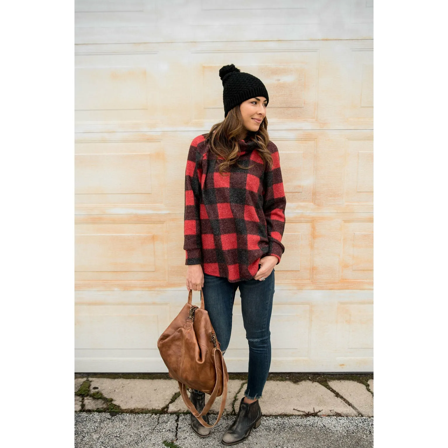 Buffalo Plaid Cowl Neck Sweater