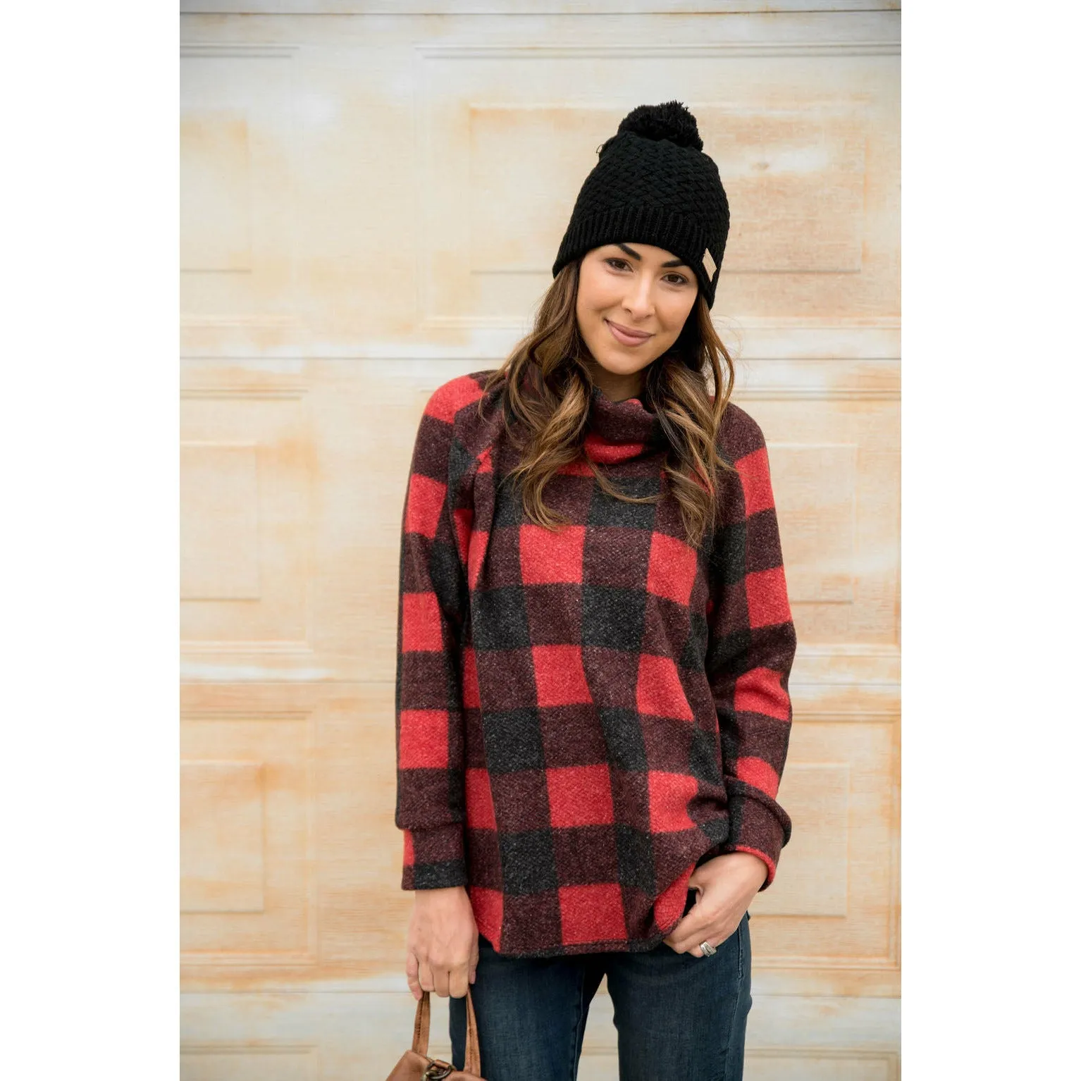 Buffalo Plaid Cowl Neck Sweater