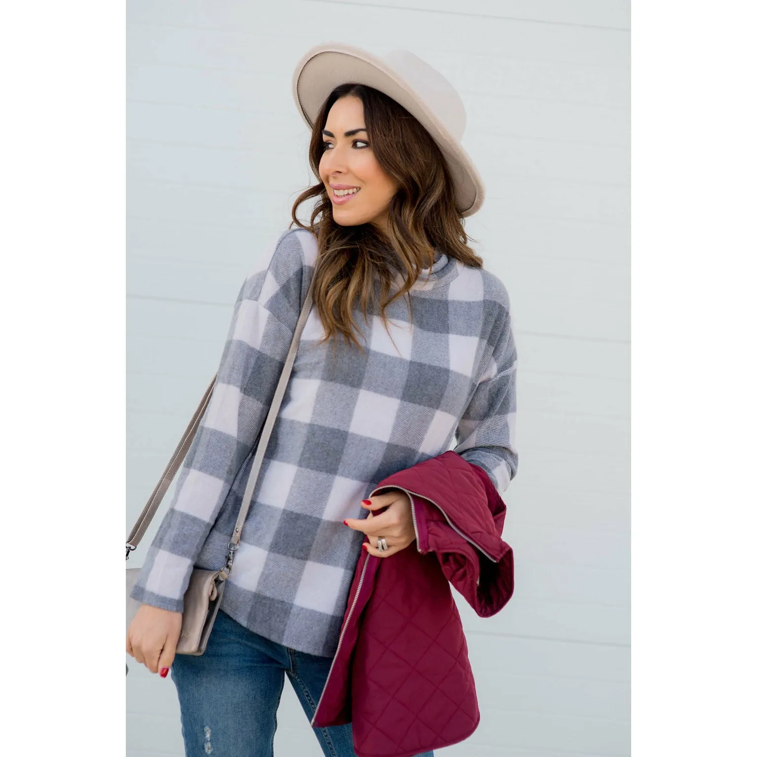 Buffalo Plaid Cowl Neck Sweater