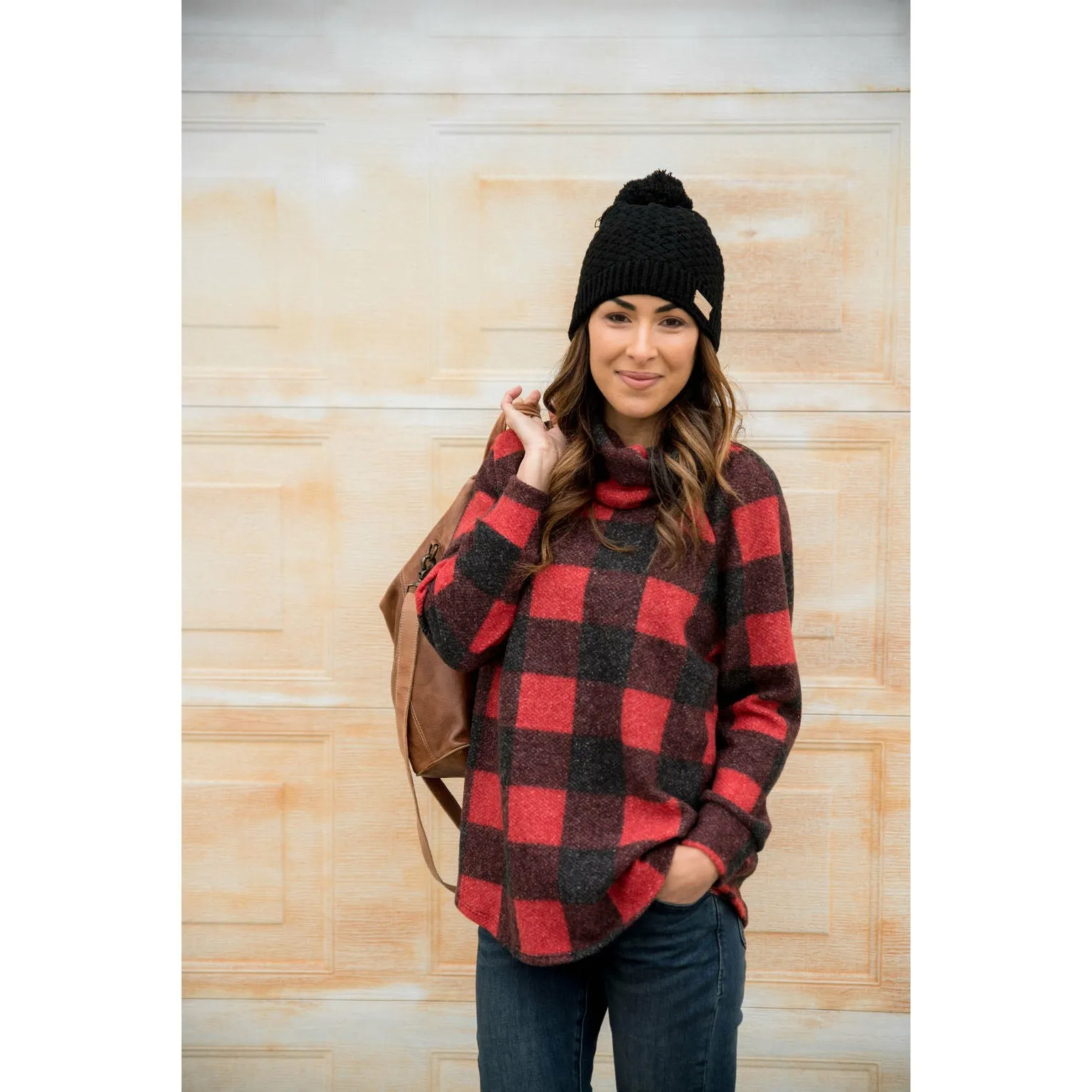 Buffalo Plaid Cowl Neck Sweater