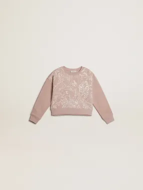 Cropped sweatshirt in pink cotton with toile de jouy print