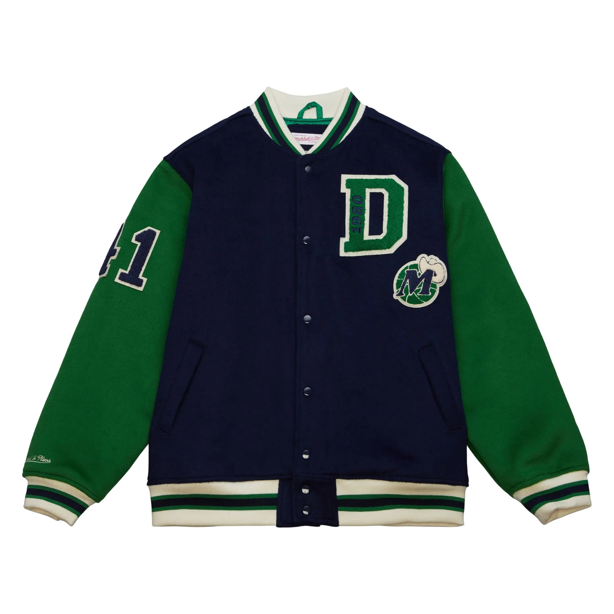 DALLAS MAVERICKS MITCHELL & NESS MEN'S NAVY BLUE DIRK VARSITY JACKET