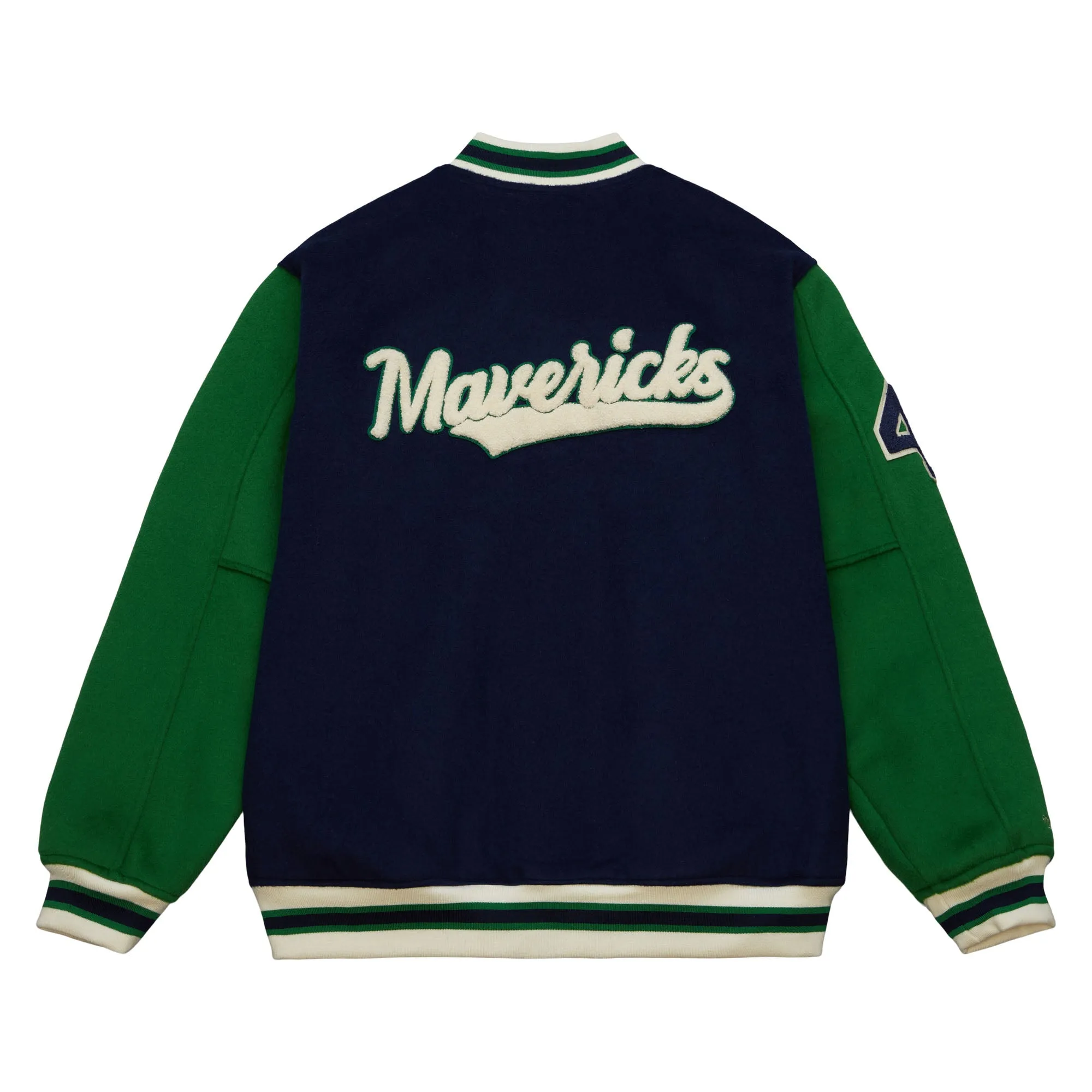 DALLAS MAVERICKS MITCHELL & NESS MEN'S NAVY BLUE DIRK VARSITY JACKET