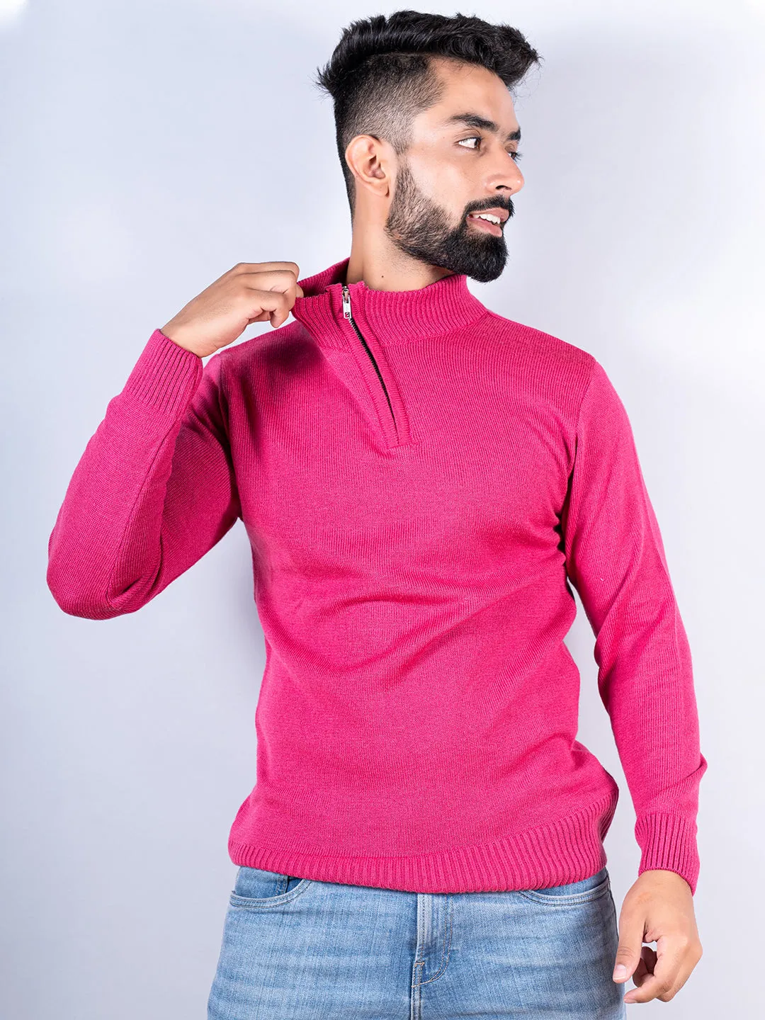 Dark Pink Color Classic Zipper Sweater