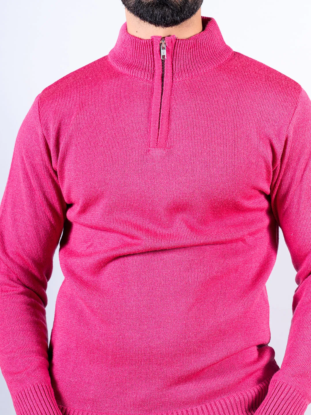 Dark Pink Color Classic Zipper Sweater