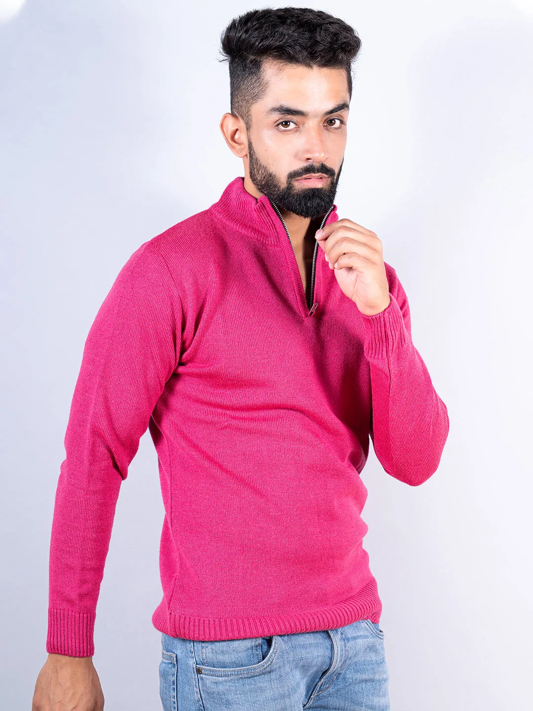 Dark Pink Color Classic Zipper Sweater