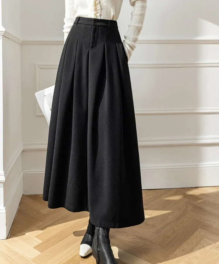 Getadme Elegant Women Woolen Skirts For Female Pockets Office Ladies Casual  Loose A-Line High Waist Midi Skirt Autumn Winter SK11