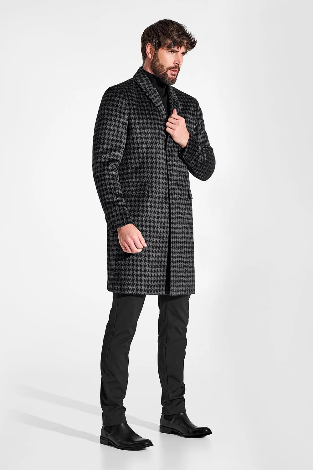 Houndstooth Suri Alpaca Notched Lapel Overcoat