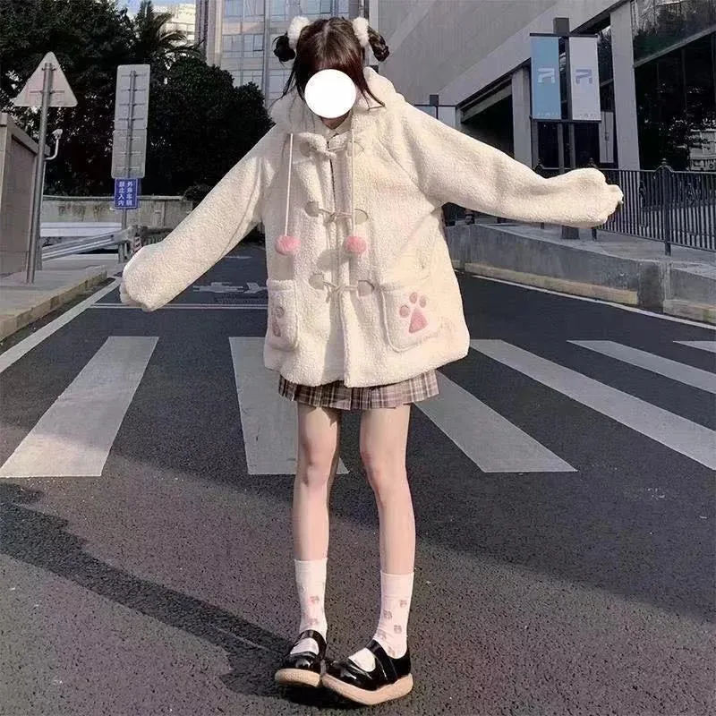 Japanese Style Autumn/Winter Women's Jacket – Sweet Lamb Wool with Kawaii Soft Bear Ears, Hooded Coats for Girls, New Cute Outwear