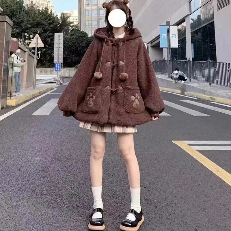 Japanese Style Autumn/Winter Women's Jacket – Sweet Lamb Wool with Kawaii Soft Bear Ears, Hooded Coats for Girls, New Cute Outwear