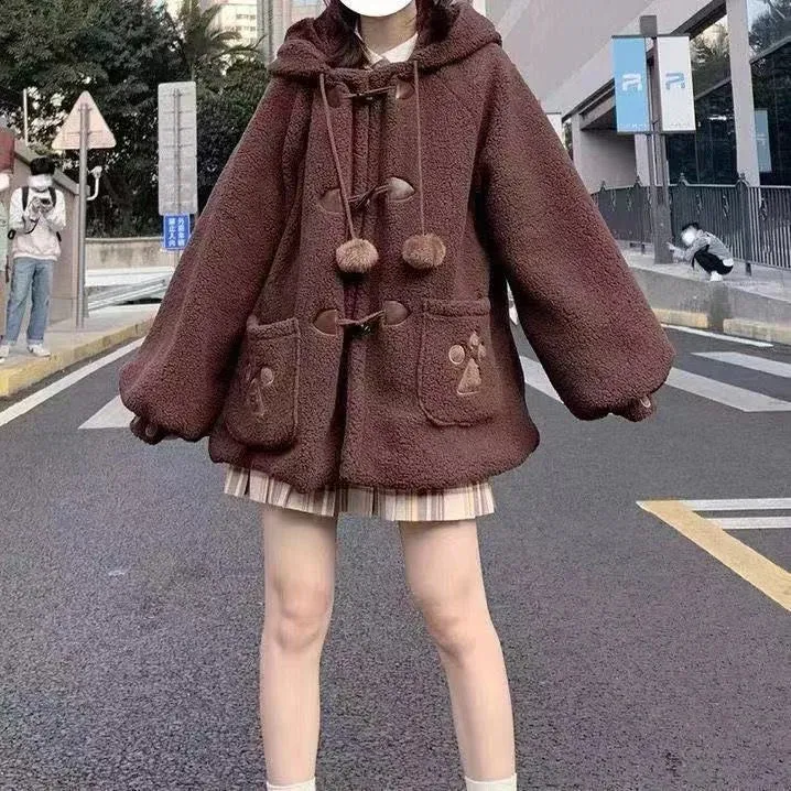 Japanese Style Autumn/Winter Women's Jacket – Sweet Lamb Wool with Kawaii Soft Bear Ears, Hooded Coats for Girls, New Cute Outwear