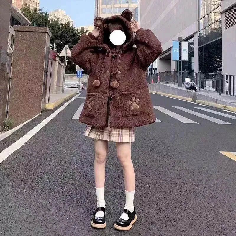 Japanese Style Autumn/Winter Women's Jacket – Sweet Lamb Wool with Kawaii Soft Bear Ears, Hooded Coats for Girls, New Cute Outwear