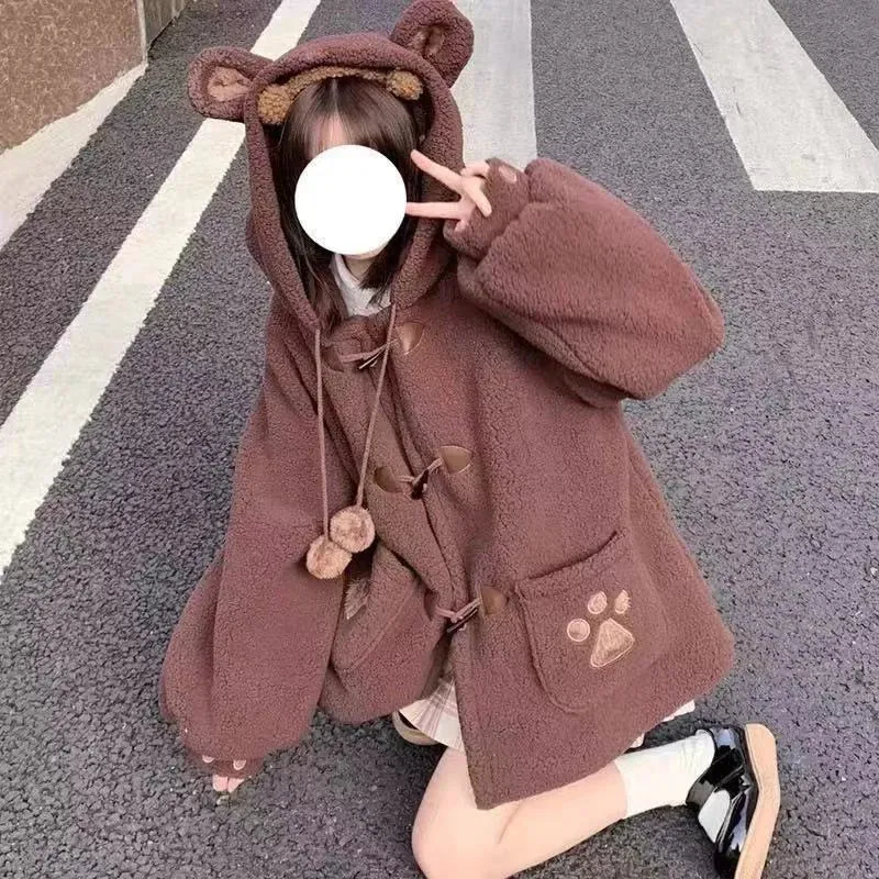 Japanese Style Autumn/Winter Women's Jacket – Sweet Lamb Wool with Kawaii Soft Bear Ears, Hooded Coats for Girls, New Cute Outwear