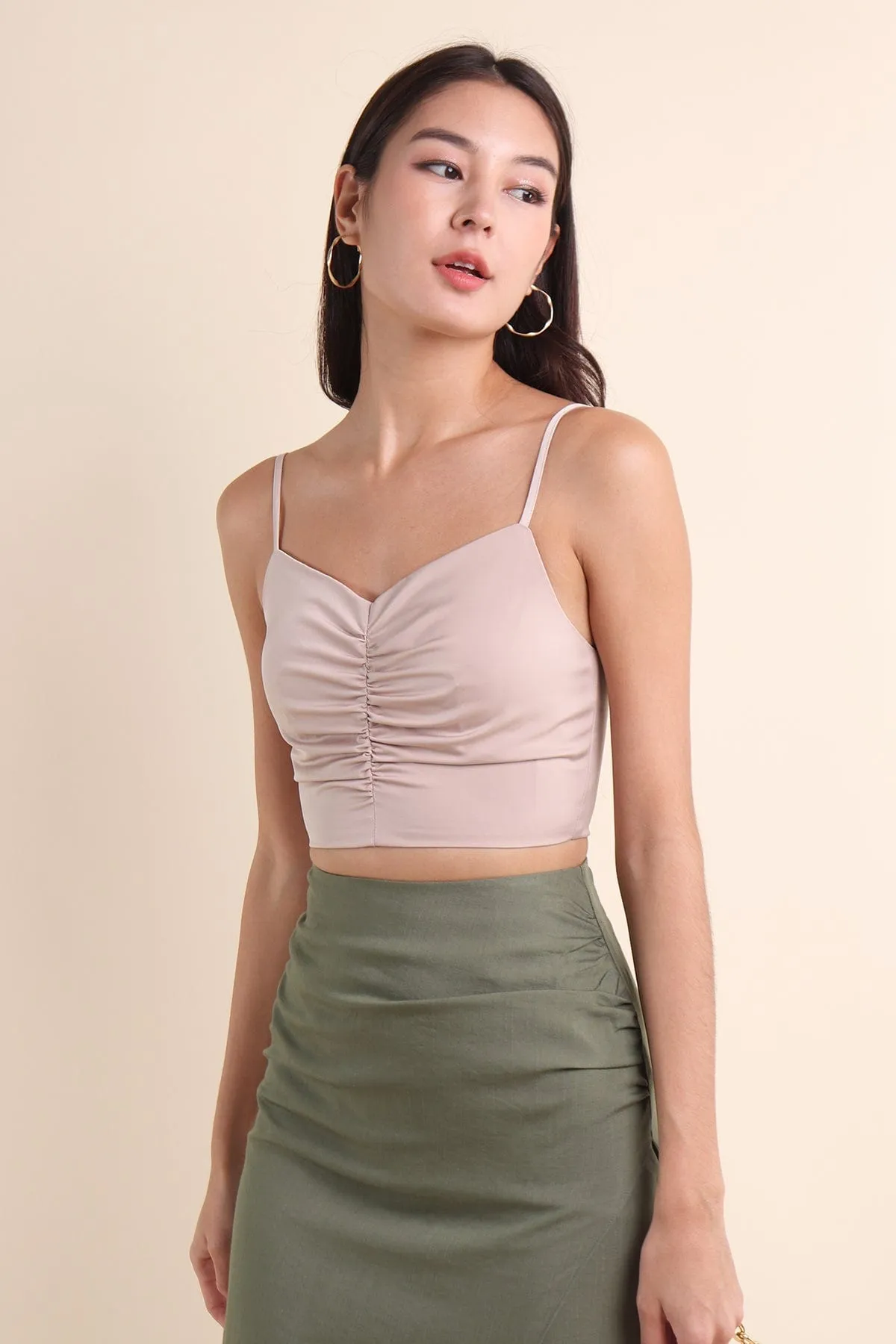 KENZIE RUCHED SATIN SPAG TOP IN IVORY BEIGE