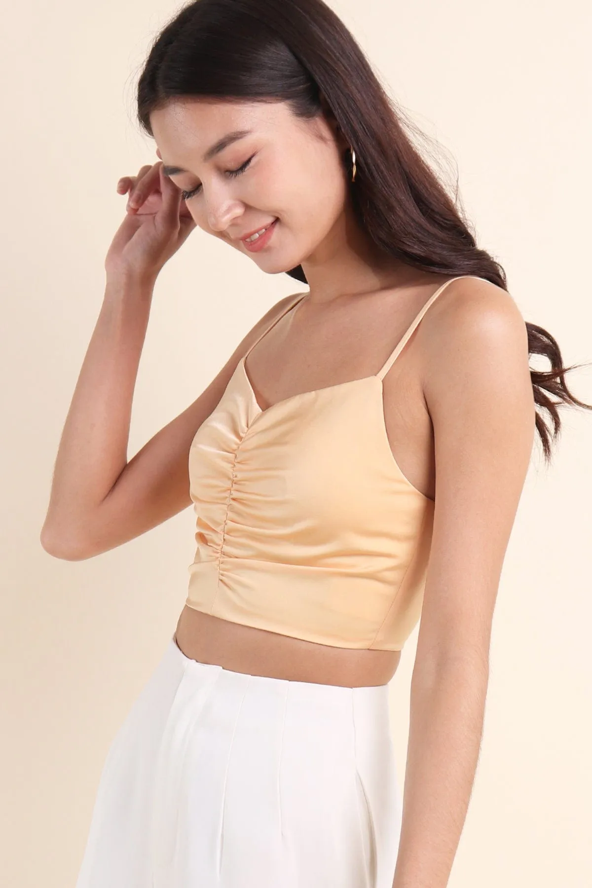 KENZIE RUCHED SATIN SPAG TOP IN MARIGOLD YELLOW