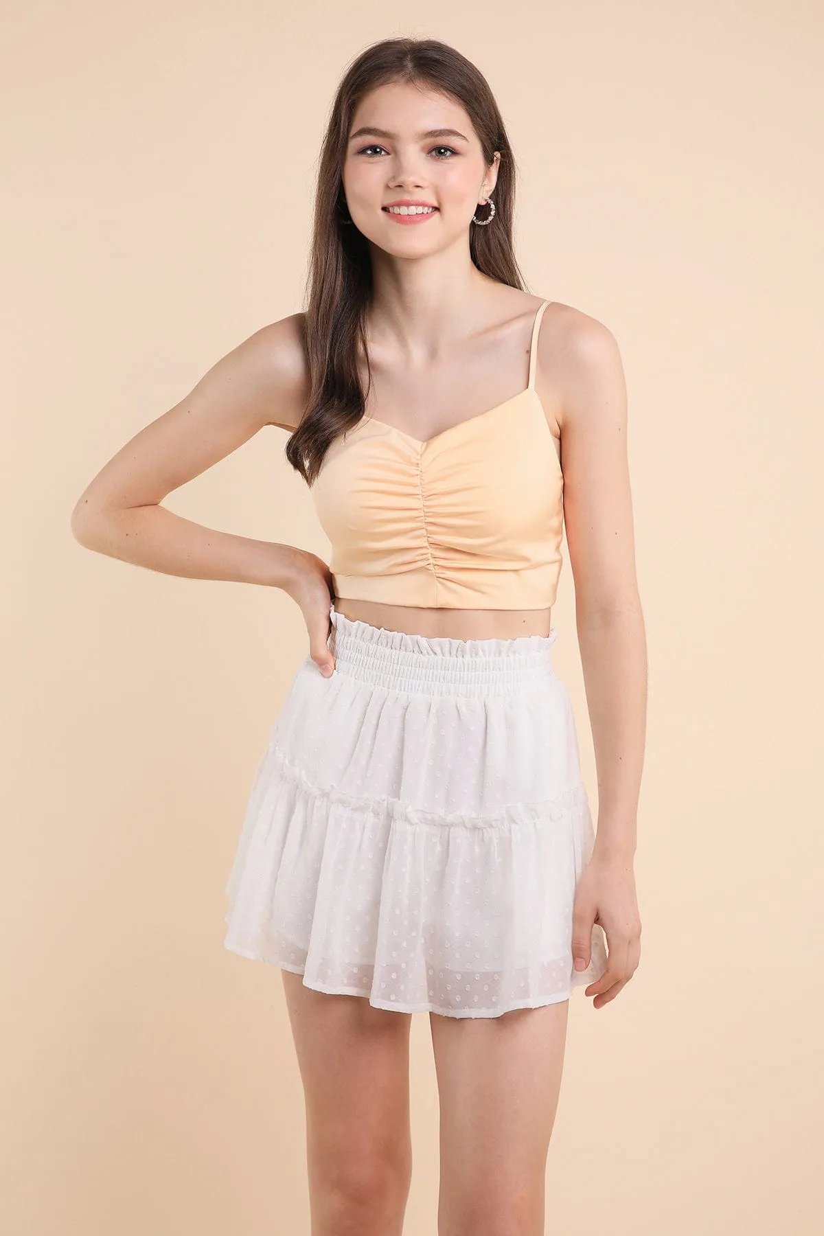 KENZIE RUCHED SATIN SPAG TOP IN MARIGOLD YELLOW