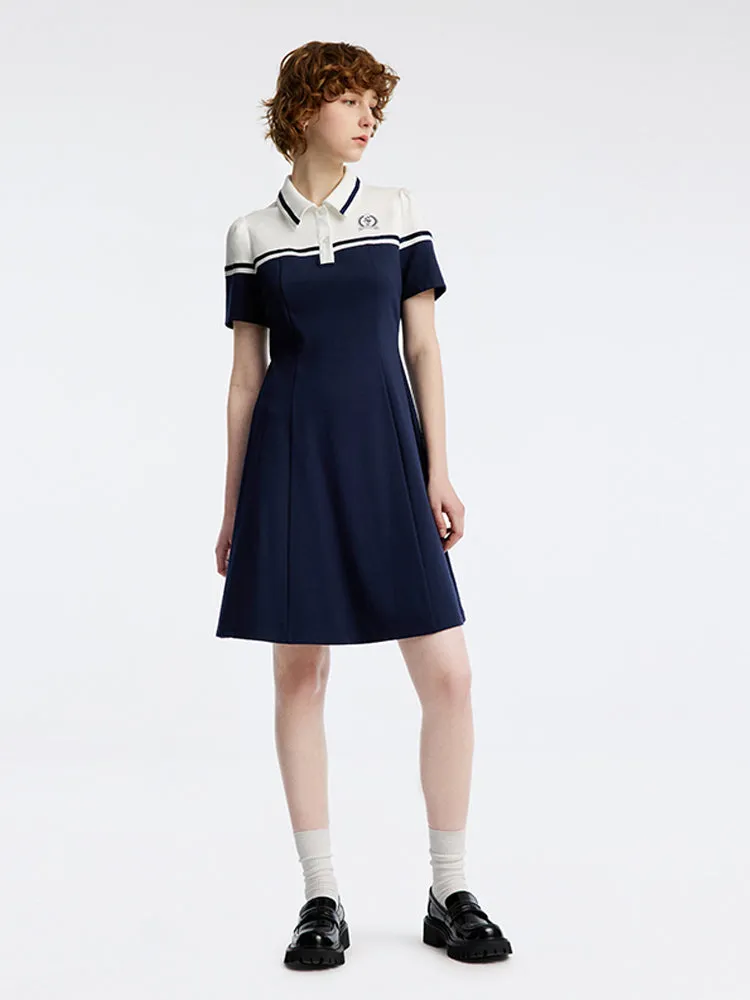 Lapel Collar Color Block Knitted Mini Dress