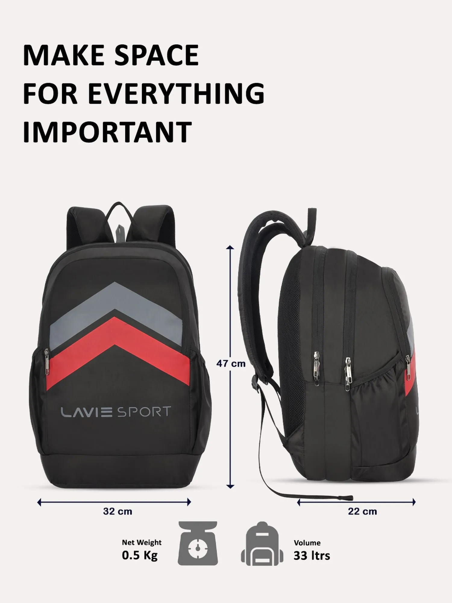 Lavie Sport Arrowhead 33L College Laptop Backpack with Rain cover For Boys & Girls|Men & Women Black