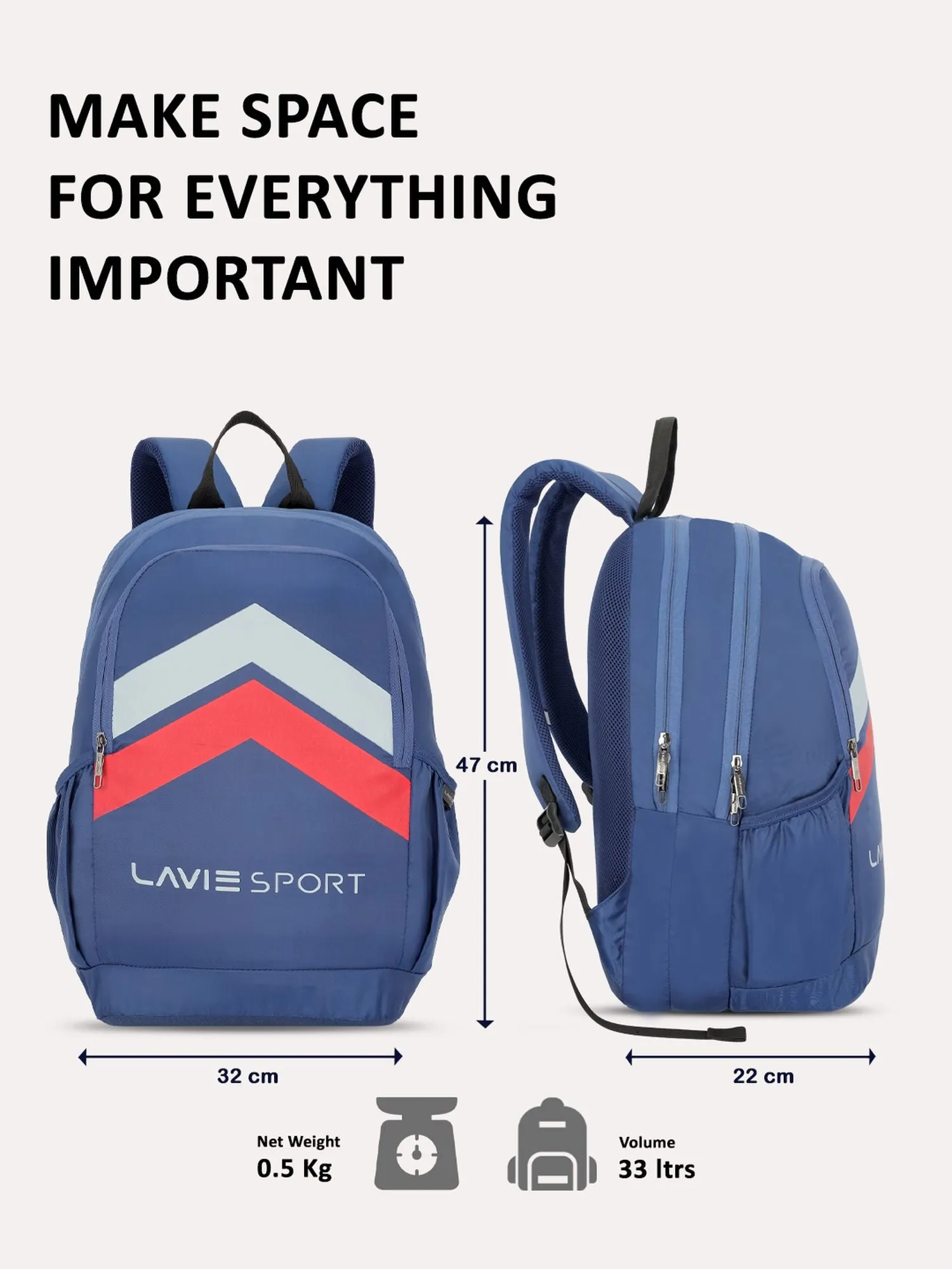 Lavie Sport Arrowhead 33L College Laptop Backpack with Rain cover For Boys & Girls|Men & Women Navy