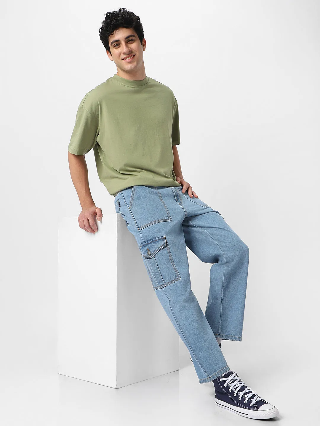 Men Ice Blue Loose Baggy Fit Cargo Jeans with 6 Pockets Non-Stretchable