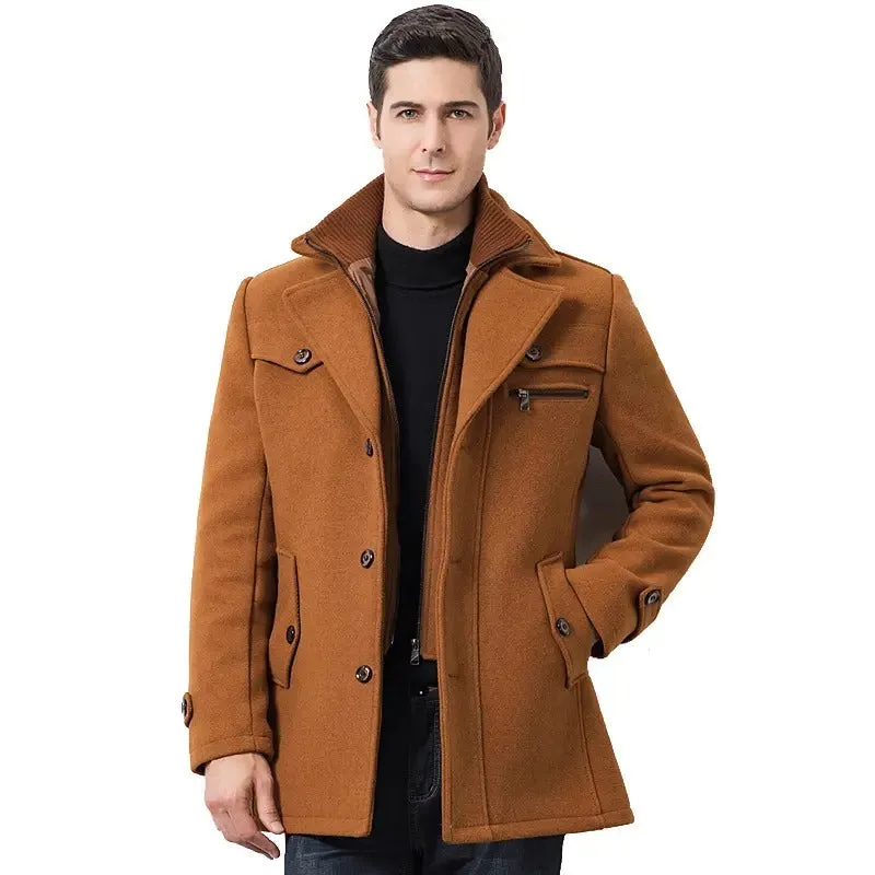 Men's Winter Pea Coat Casual Woolen Trench Coat Single Breasted Short Wool Jacket | 1303