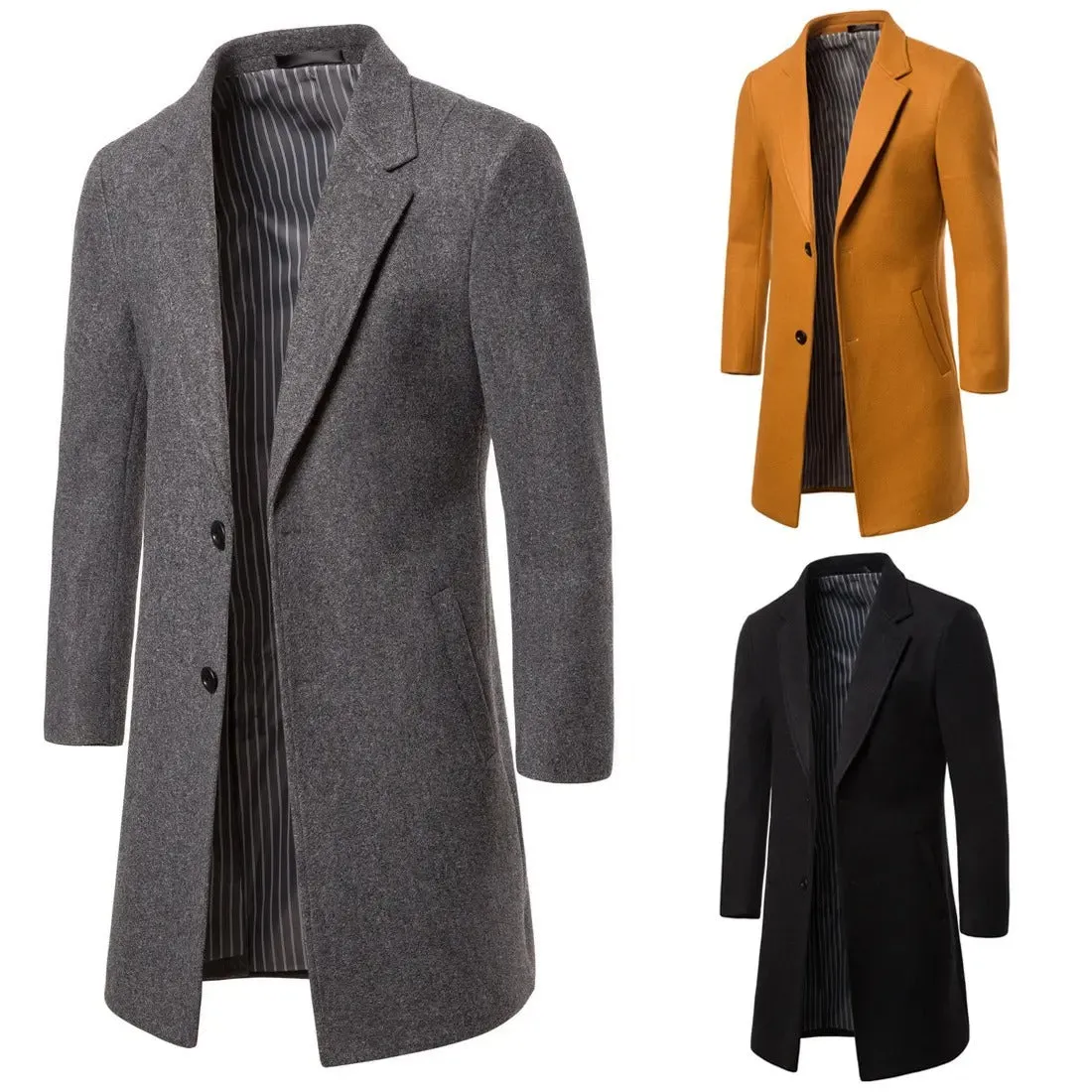 Men's Wool Trench Coat Turn Down Collar Long Wool & Blends Woolen Jacket Coat | JJ-YF601