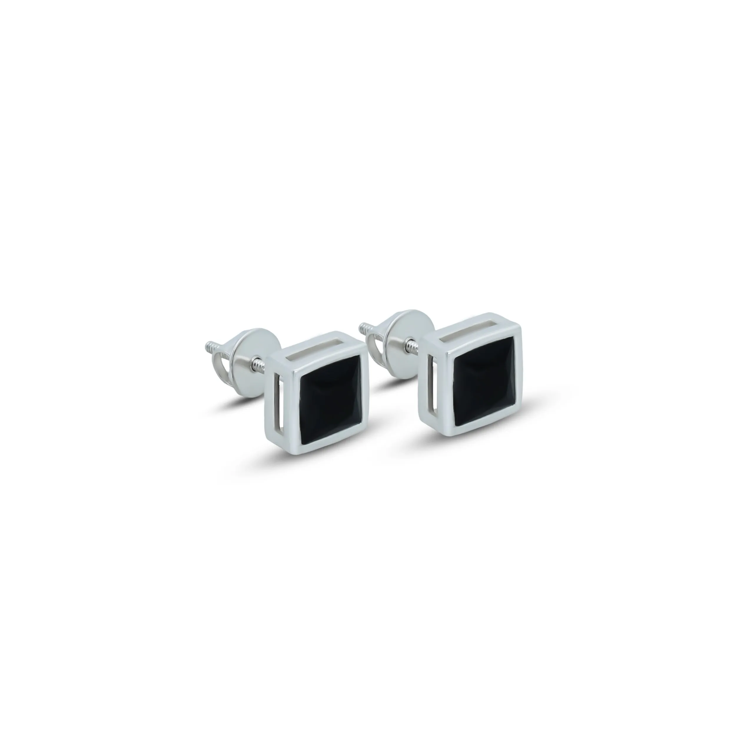 Minimalist Silver Stud Earrings with Square Black Stone